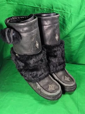 Manitobah Mukluks Black Leather Fur Beaded Waterproof Winter Boots Womens Size 7 • $126.56