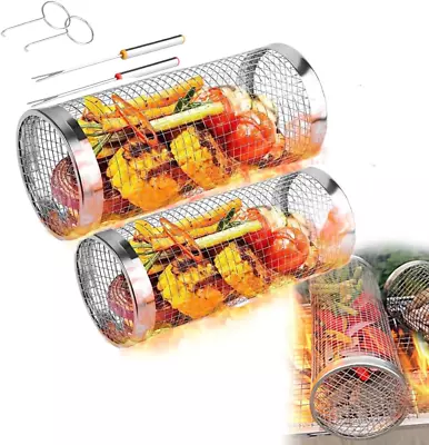 Rolling Grilling Baskets For Outdoor Grilling-Round BBQ Grill Basket2Pcs Stainl • $11.75