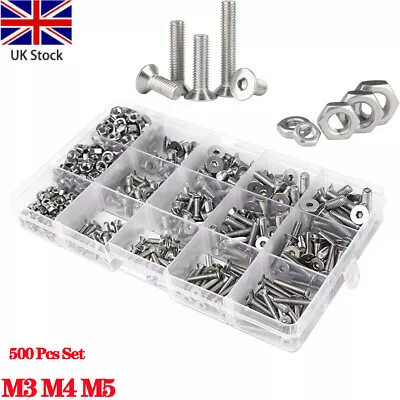 £9.88 • Buy 500 Pcs M3 M4 M5 Countersunk Bolt Allen Key Socket Screw Nut Stainless Steel Set