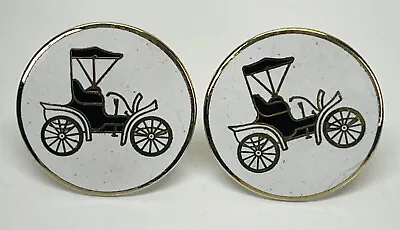 Vintage Enamel 1904 Ford Model A Car Cufflinks Pair Round White Gold • $20