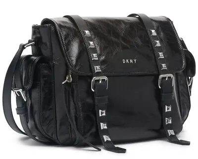 DKNY Womens Naomi Leather Messenger Bag Studded Moto Punk Rock Black $298 • $101.15