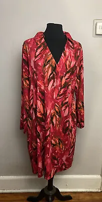 J Jill Wearever Faux Wrap Dress Pink Red Feather Petite Large PL Long Sleeves • $19.99