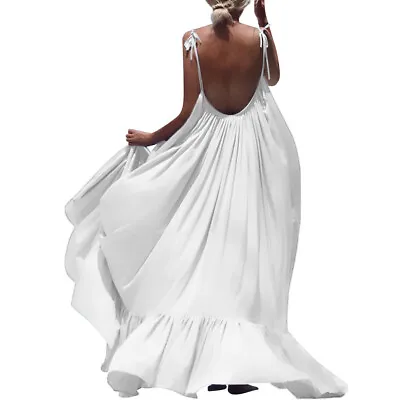 $33.70 • Buy Women Boho Maxi Solid Sleeveless Long Backless Dress Evening Party Beach Dress