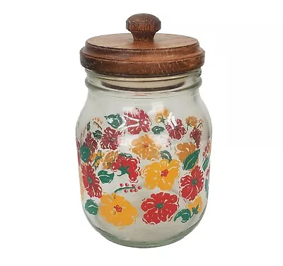 Vintage Clear Glass Canister W/ Red & Yellow Flowers Wooden Lid Cottage Style  • $27.99