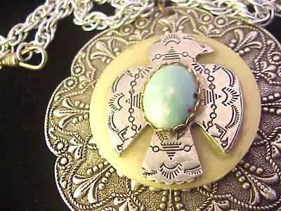 Vintage  Large Round Thunder Bird Pendant Oval Aqua Color Center Stone Nice • $47