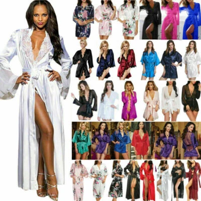 $15.29 • Buy Womens Ladies Lingerie Lace Satin Long/Short Dressing Gown Bath Robe Sleepwear