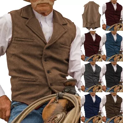 Mens Cowboy Vest Tweed Retro Farmer Casual Vintage Herringbone Waistcoats • $44.54