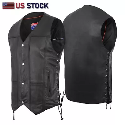 Mens Genuine Leather 10 Pockets Motorcycle Biker Vest ANARCHY Black SOA #3540BLK • $39