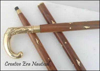 Vintage Brass STYLE  Head Handle Wooden Walking Cane Walking Stick Antique Gift • $42