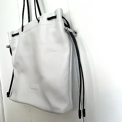 Longchamp White Leather Black Drawstring Tote Bag Purse RARE- NWOT • $250