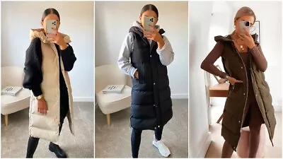 £29.99 • Buy Womens Hooded Quilted Zip Up Gilet Waistcoat Padded Winter Vest Long Bodywarmer