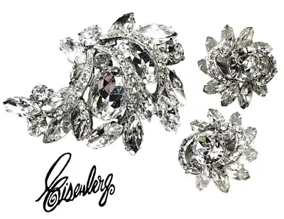 Stunning Vintage Eisenberg Crystal Rhinestone Feathered Swirl Brooch & Earrings • $75