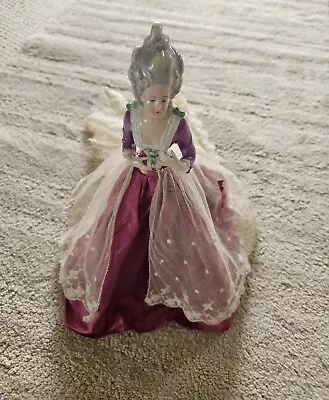 1920 1/2 Doll Marie Antoinette Gray Hair Purple Pink Sild Dress Lace Metal Frame • $97.49