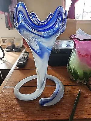 Murano Glass Handblown Trumpet Vase On Swirl Tulip Coil Base Multi-toned Blue • $0.99