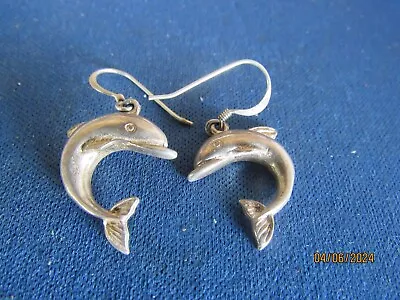 Vintage Sterling Silver Cute And Unique Leaping Dolphins Pierced Wire Earrings • $6.99