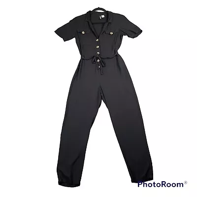 H&M Jumpsuit Women 0 US Black Button Front Belted Straight Ankle Leg Lightweight • $11.94