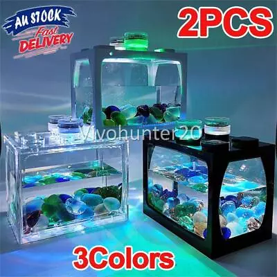 $15.99 • Buy X2 Mini Aquarium LED Light Lamp Clear Plastic Fish Tank Office Desk Box Betta OZ