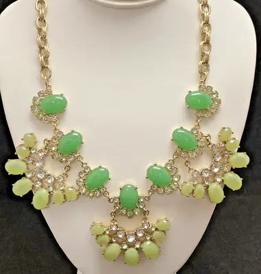 J. Crew Signed Green Rhinestone Bold Statement Necklace 21'' Gold Tone Dustbag • $29.22