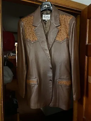 Men’s Scully Cognac Brown Leatherwear Ostrich Trim Blazer EUC Size 46 • $580