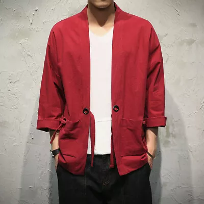 Top Haori Men Japanese Coat Yukata Kimono Jacket Outerwear Cotton Loose Sleeve • $39.46