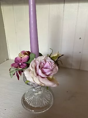 Glass Candle Holder With Flower Ring And Dinner Candle . So Pretty  • £4.28