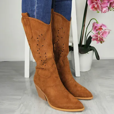 Cowboy Boots Shoes Ladies Western Mid Calf Faux Suede Comfy Women Zip Heel Size • £29.90