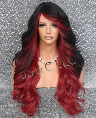 Full Human Hair Blend Wig Long Wavy Bangs Layered Heat OK Red Black Mix DX RMVS • $94.95