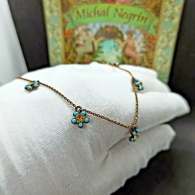 Michal Negrin Station Necklace Turquoise Blue Dainty Flowers Crystals Gift New • $55.20