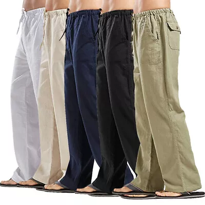 Mens Summer Beach Cotton Linen Pants Drawstring Elasticated Waist Loose Trousers • $16.99