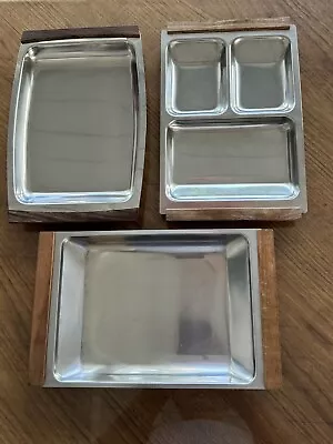 3 Vintage MCM Kalmar /Selandia Designs DenmarkStainless Steel/Teak Trays • $29.95