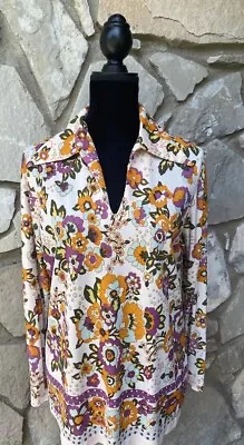 Vintage SEARS Boho Top Size M  Multicolor Floral Polyester Pullover Shirt • $26.99