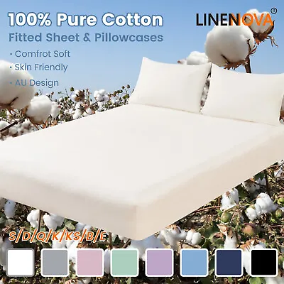 100% Pure Cotton Fitted Sheet Pillowcases Set S/KS/D/Queen King Bed Durable Soft • $41.99