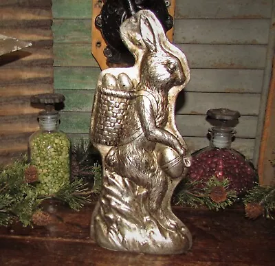 Primitive Antique Vtg Tin Style Lg Bunny Rabbit Silver Resin Faux Chocolate Mold • $28.95