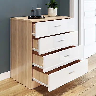 Bedroom High Gloss Chest Of 4 Drawers White&Oak Storage Cabinet Home Furniture • £65.98