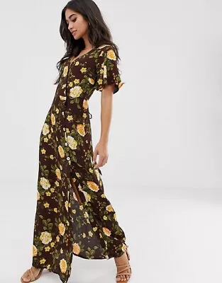 New Miss Selfridge Petite Brown Button Detail Floral Tea Maxi Dress Summer Uk 12 • £39