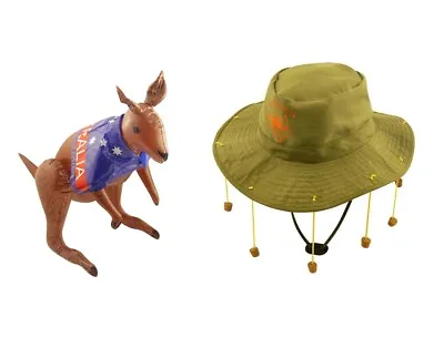 Australian Fancy Dress Costume Set Khaki Hat Corks Inflatable Kangaroo Aussie Do • £12.99