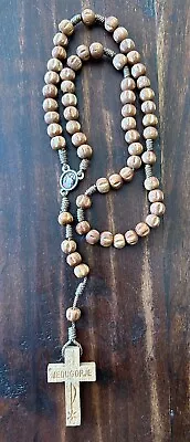 New 12.5” Medugorje Divine Mercy Knotted Cord & Wood Bead Catholic Rosary • $10.99