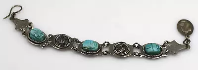 Vintage Turquoise Blue Ceramic Scarab Beetle Egyptian Silver Tone Bracelet 7.5  • $16.50