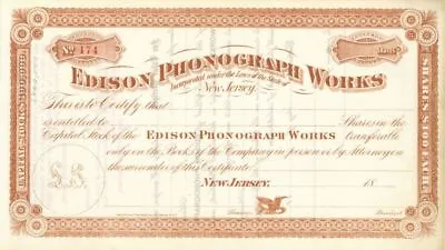 Edison Phonograph Works - 1880's Dated Unissued Stock Certificate - Thomas Alva  • $140