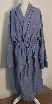 Ralph Lauren Polo Bathrobe Mens L/XL Knee Length Robe Blue Pinstripe 100% Cotton • $30