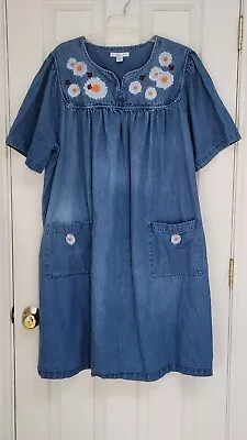 Go Softly Patio Denim Blue Embroidered Floral Ladybug House Mumu Dress Women 2X • $35