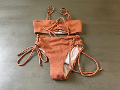 $0.99 • Buy Brown Ribbed Lined ZAFUL  Two Piece Swimsuit Binkini Size Small
