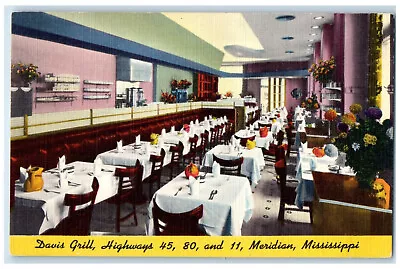 C1950's Davis Grill Highways 45 80 11 Meridian Mississippi MS Postcard • $4.95