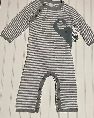 Mudpie Long Sleeve Romper Grey And White Stripes Elephant Buttons 6-12 Months • $14.99