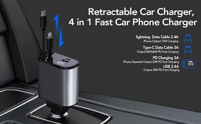 4 IN 1 Retractable Car Charger Cable Dual Port USB-C PD Fast Charging Adapter • $18.99