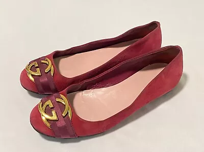 Gucci Red Suede G Metal Logo Women's Loafers Flat Shoes 38.5 / US8.5 Made Italy • $75