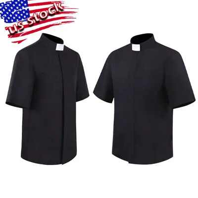 US Men Short Sleeves Tab Collar Clergy Shirt With Free Tab Collar Insert Costume • $16.73