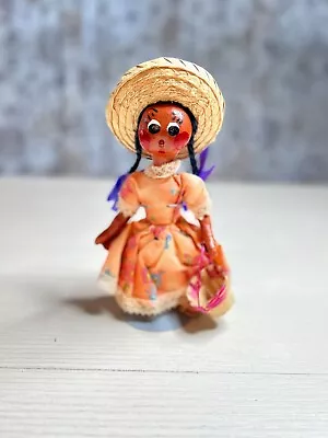 Mexican Folk Art Oil Cloth Doll Woman Holding Wicker Basket 8.5” Tall W/ Stand • $16.30