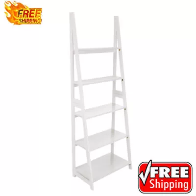 Modern 5-Tier Ladder Bookcases Organizer Solid Rubberwood Frame 14x24.8x70.1 In • $65.46