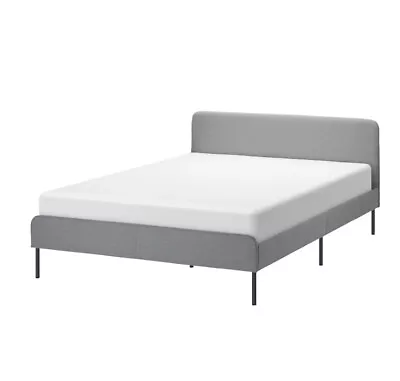 IKEA Slattum Standard Double Bed Frame Grey Fabric Head And Footboard • £20